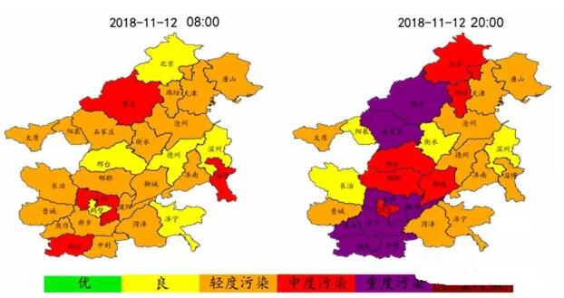 圖1 “2+26”城市11月12日典型時(shí)段PM2.5濃度分布圖